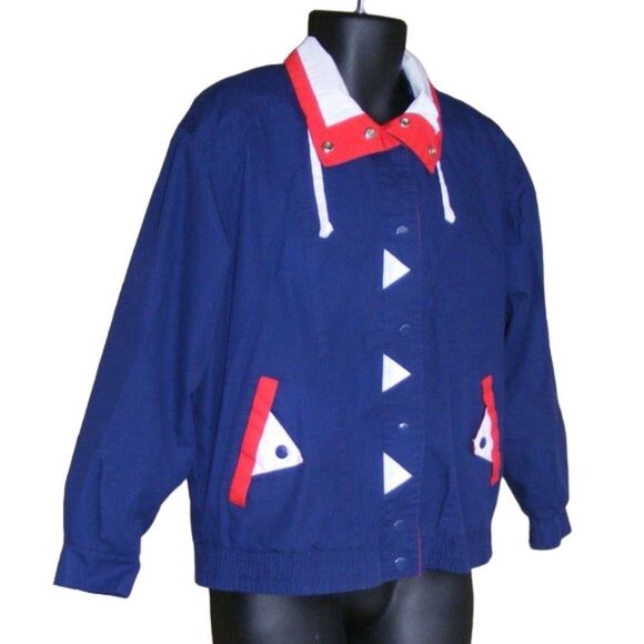 Vintage Windbreaker, S, Nautical, Snap front, Navy/White/Red, Pockets, Long slv - Picture 2 of 8